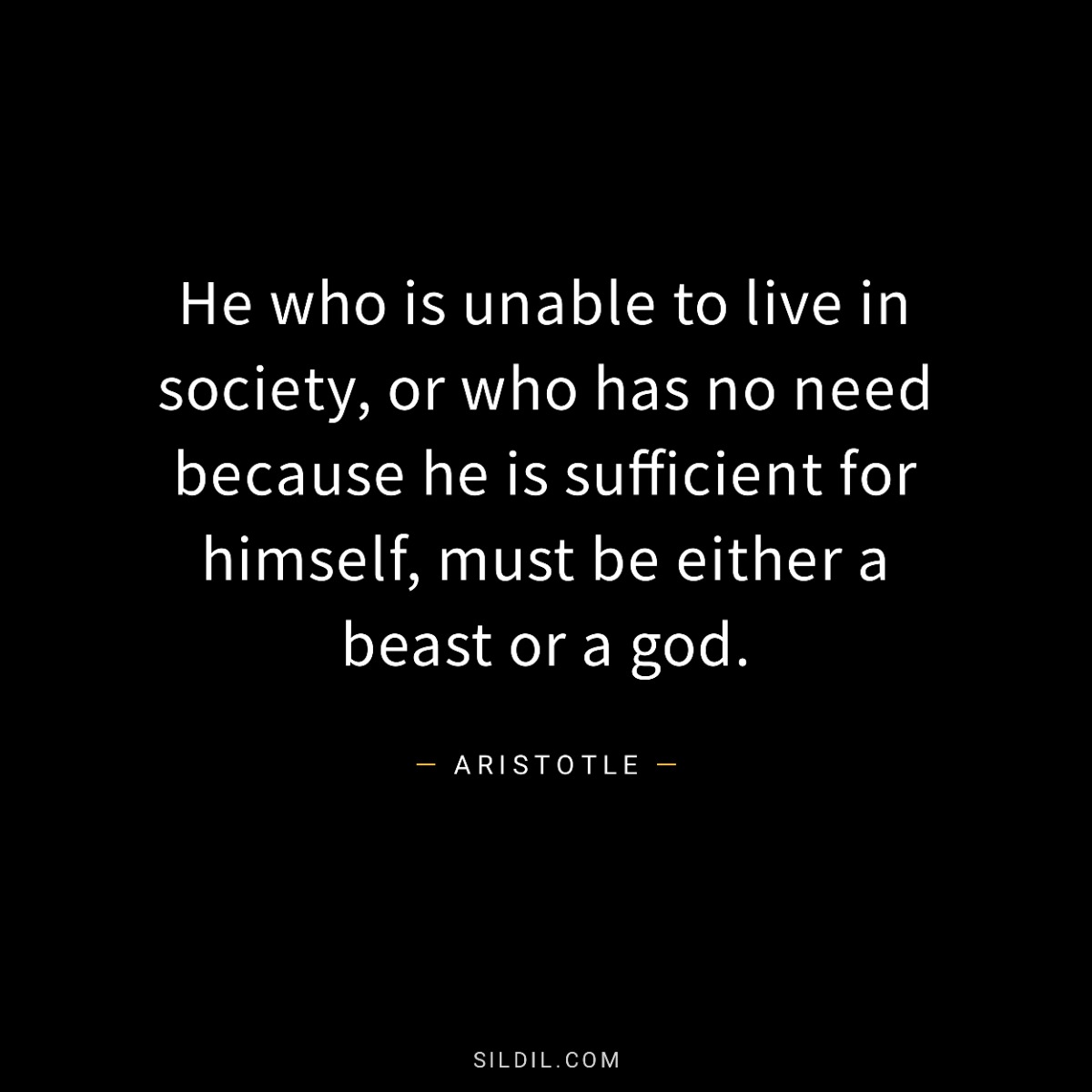 He who is unable to live in society, or who has no need because he is sufficient for himself, must be either a beast or a god.