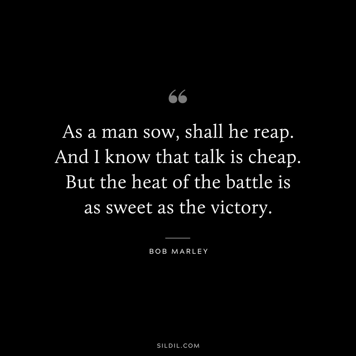 As a man sow, shall he reap. And I know that talk is cheap. But the heat of the battle is as sweet as the victory. ― Bob Marley