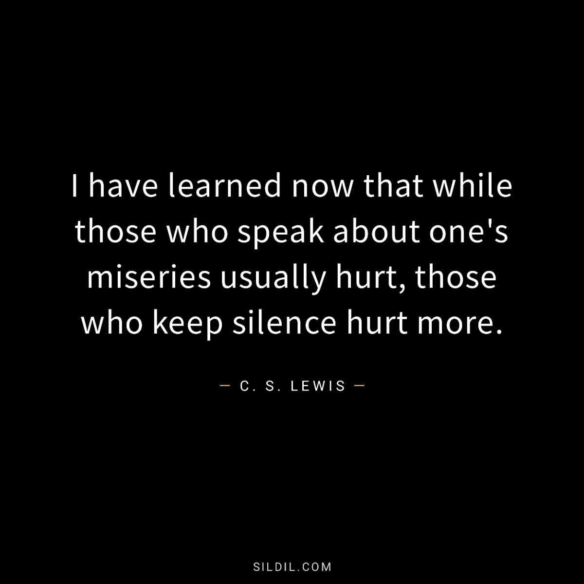 I have learned now that while those who speak about one's miseries usually hurt, those who keep silence hurt more.