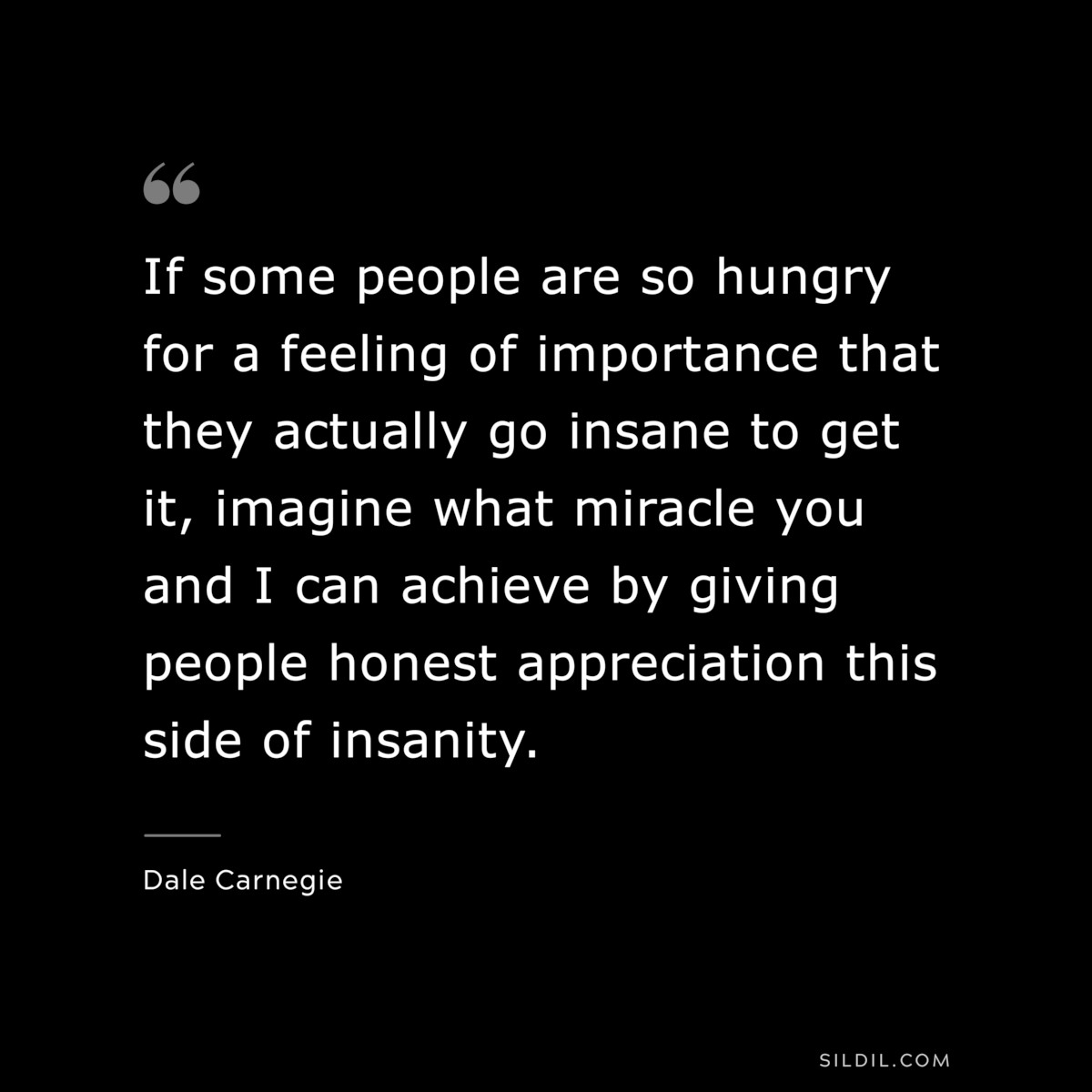 If some people are so hungry for a feeling of importance that they actually go insane to get it, imagine what miracle you and I can achieve by giving people honest appreciation this side of insanity.― Dale Carnegie
