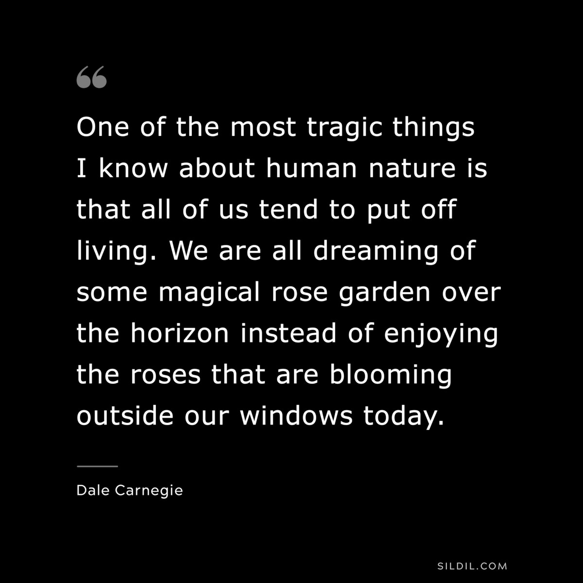 One of the most tragic things I know about human nature is that all of us tend to put off living. We are all dreaming of some magical rose garden over the horizon instead of enjoying the roses that are blooming outside our windows today.― Dale Carnegie