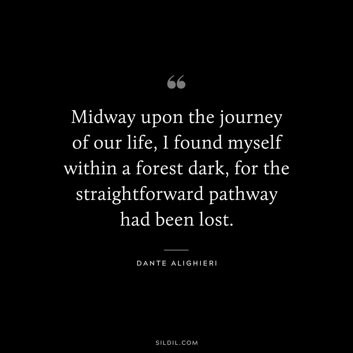 Midway upon the journey of our life, I found myself within a forest dark, for the straightforward pathway had been lost. ― Dante Alighieri