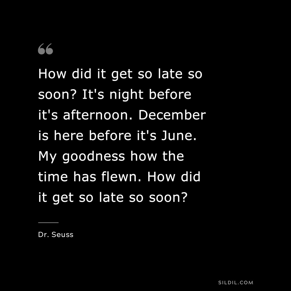 How did it get so late so soon? It's night before it's afternoon. December is here before it's June. My goodness how the time has flewn. How did it get so late so soon? ― Dr. Seuss