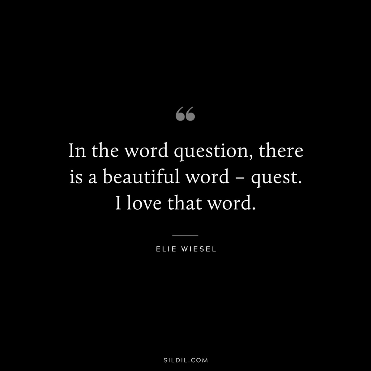 In the word question, there is a beautiful word – quest. I love that word. ― Elie Wiesel