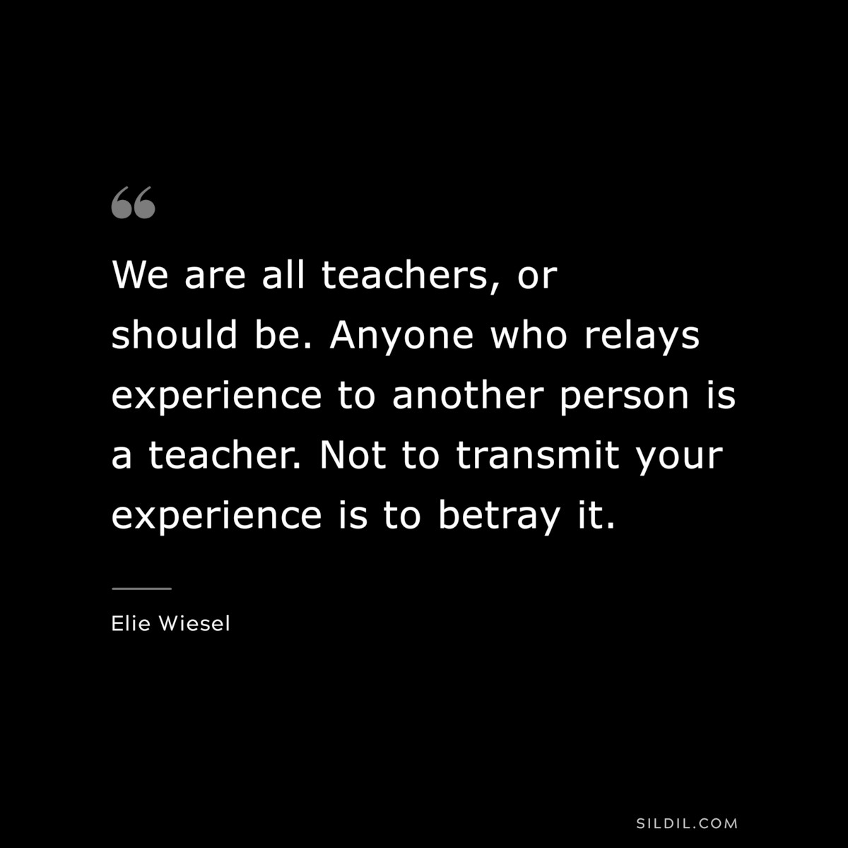 We are all teachers, or should be. Anyone who relays experience to another person is a teacher. Not to transmit your experience is to betray it. ― Elie Wiesel