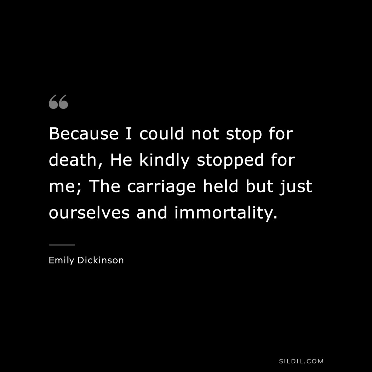 Because I could not stop for death, He kindly stopped for me; The carriage held but just ourselves and immortality.