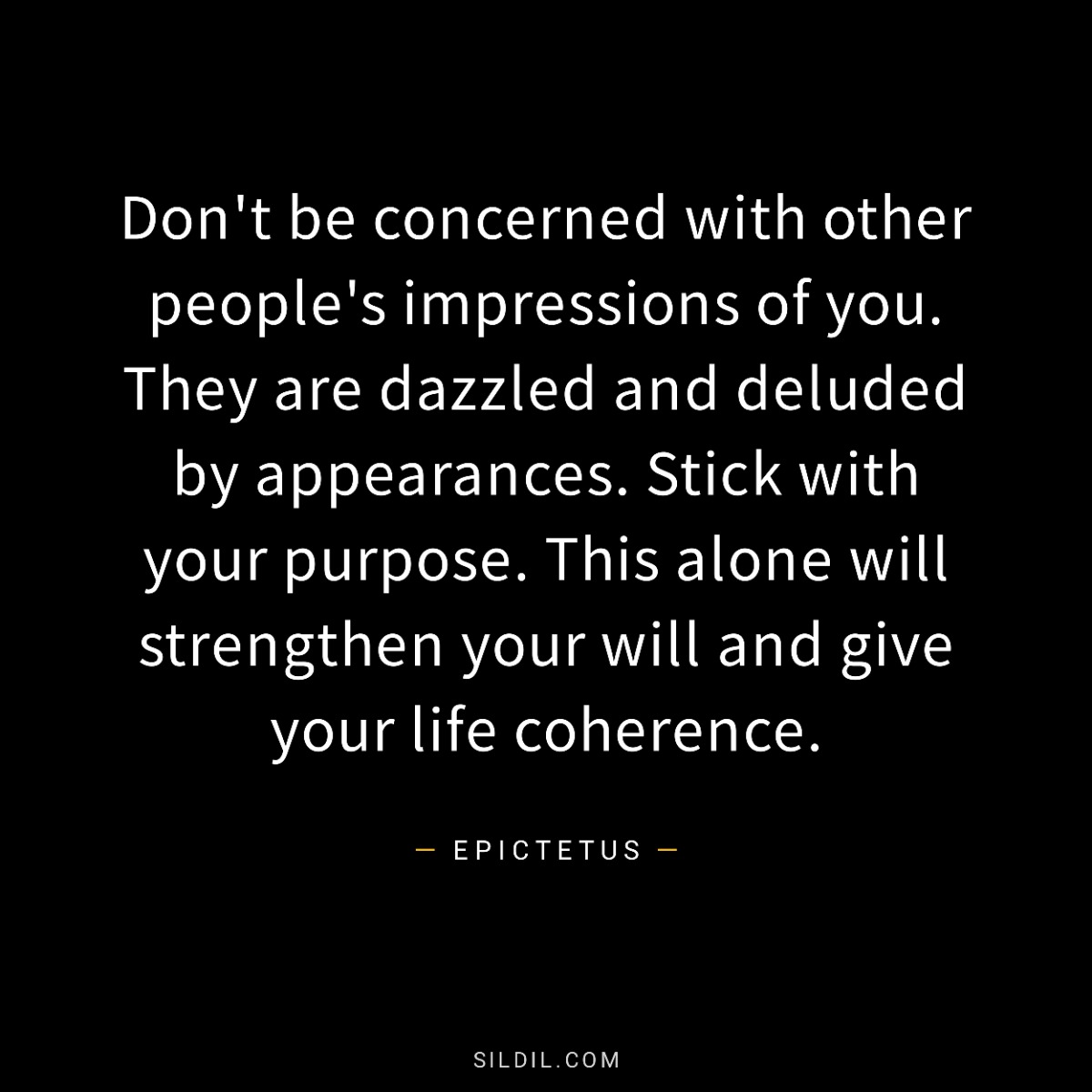 Don't be concerned with other people's impressions of you. They are dazzled and deluded by appearances. Stick with your purpose. This alone will strengthen your will and give your life coherence.