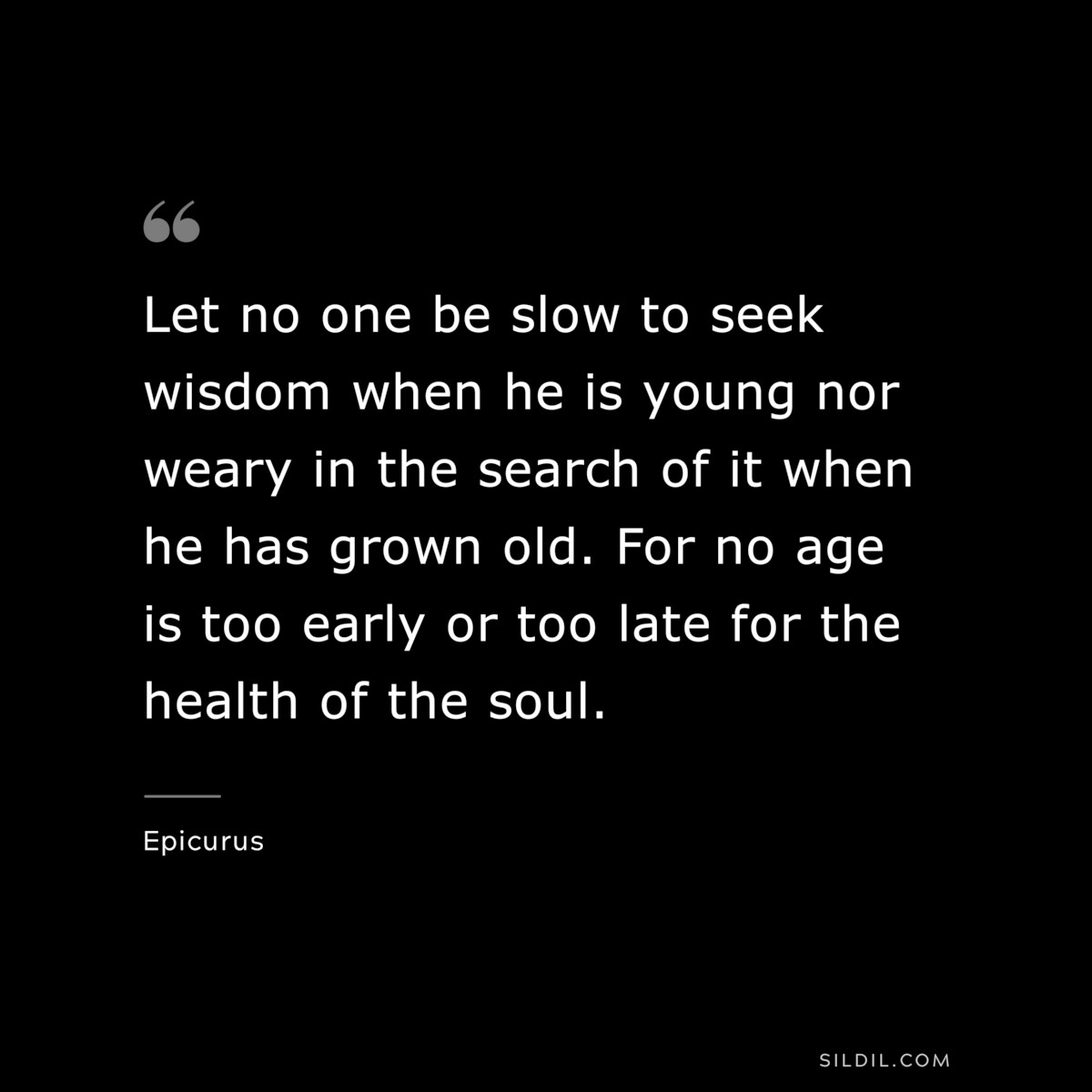 Let no one be slow to seek wisdom when he is young nor weary in the search of it when he has grown old. For no age is too early or too late for the health of the soul. — Epicurus