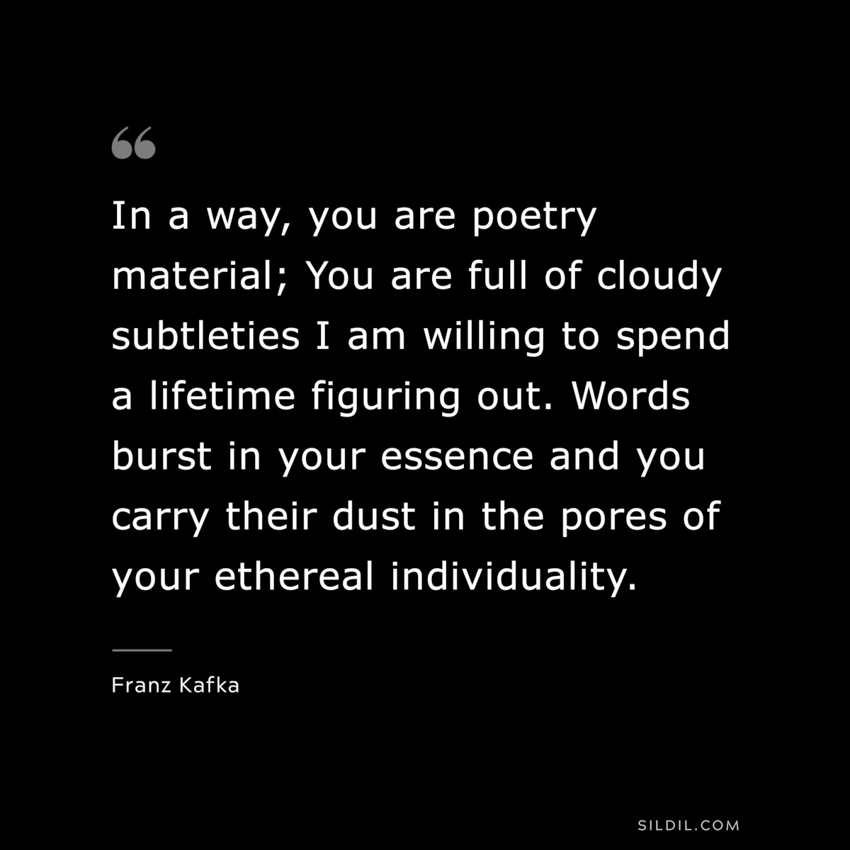 In a way, you are poetry material; You are full of cloudy subtleties I am willing to spend a lifetime figuring out. Words burst in your essence and you carry their dust in the pores of your ethereal individuality. ― Franz Kafka