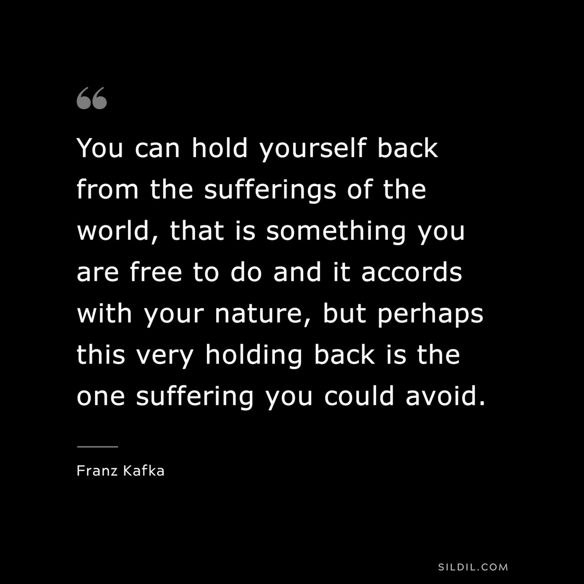 You can hold yourself back from the sufferings of the world, that is something you are free to do and it accords with your nature, but perhaps this very holding back is the one suffering you could avoid. ― Franz Kafka