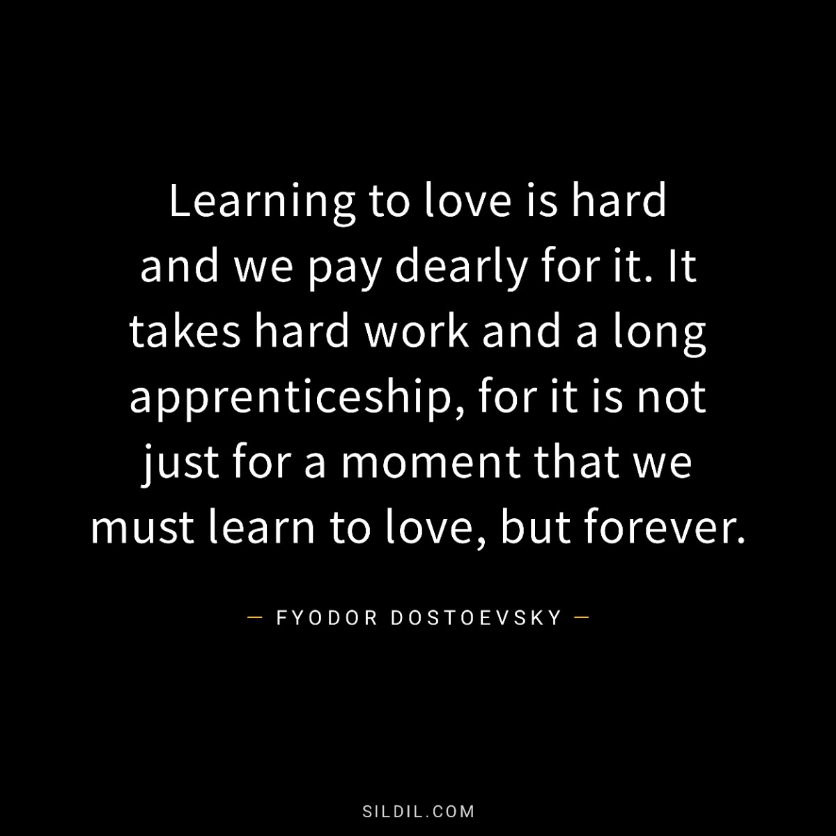 Learning to love is hard and we pay dearly for it. It takes hard work and a long apprenticeship, for it is not just for a moment that we must learn to love, but forever.
