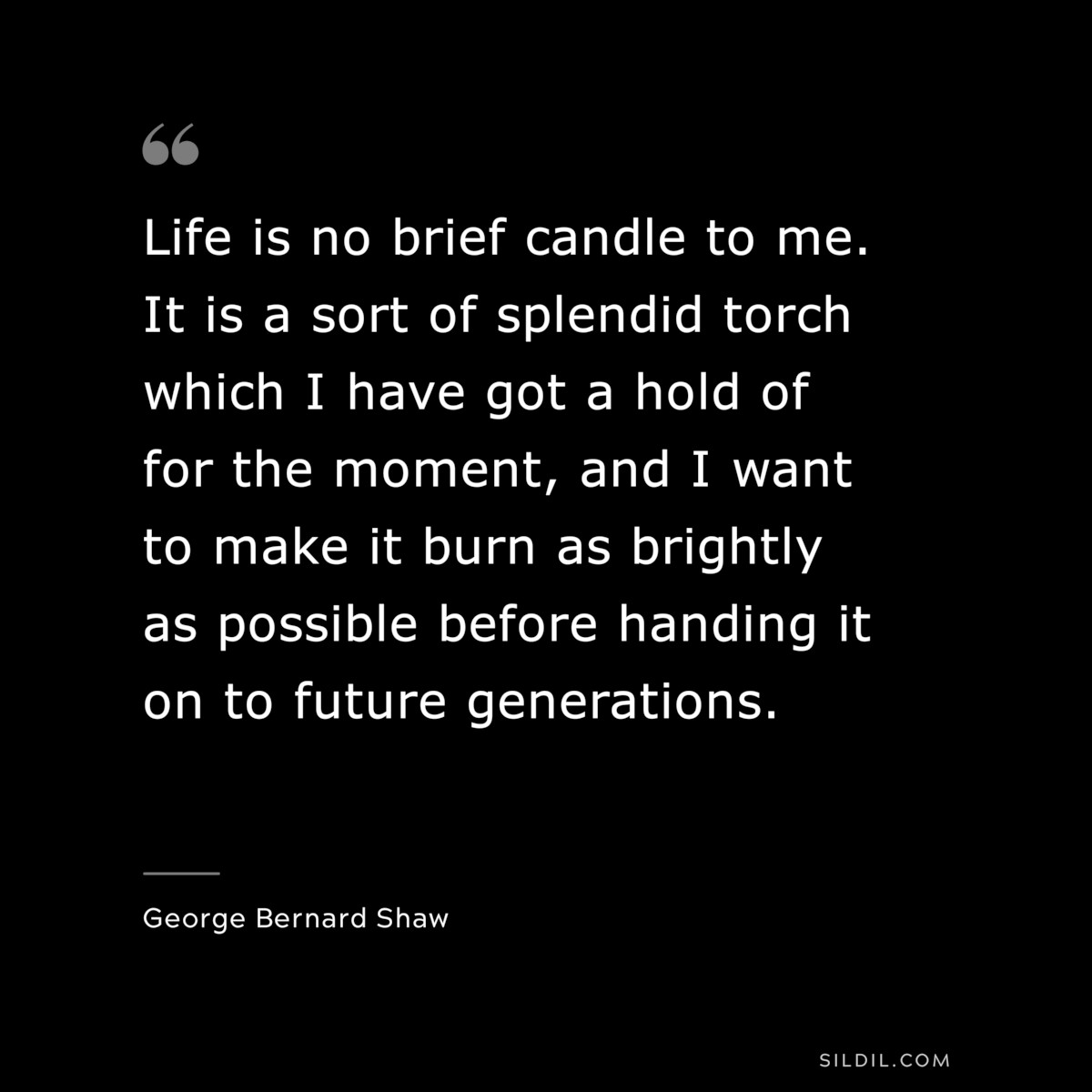 Life is no brief candle to me. It is a sort of splendid torch which I have got a hold of for the moment, and I want to make it burn as brightly as possible before handing it on to future generations. ― George Bernard Shaw
