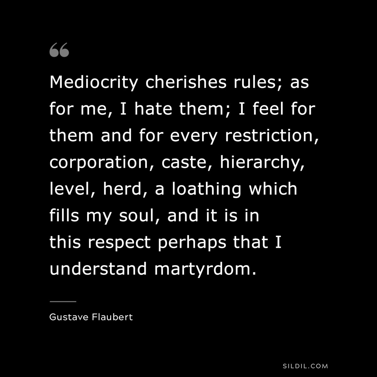 Mediocrity cherishes rules; as for me, I hate them; I feel for them and for every restriction, corporation, caste, hierarchy, level, herd, a loathing which fills my soul, and it is in this respect perhaps that I understand martyrdom. ― Gustave Flaubert