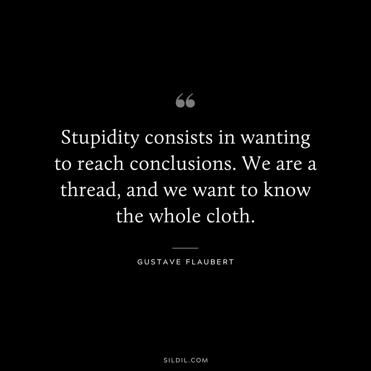 Stupidity consists in wanting to reach conclusions. We are a thread, and we want to know the whole cloth. ― Gustave Flaubert