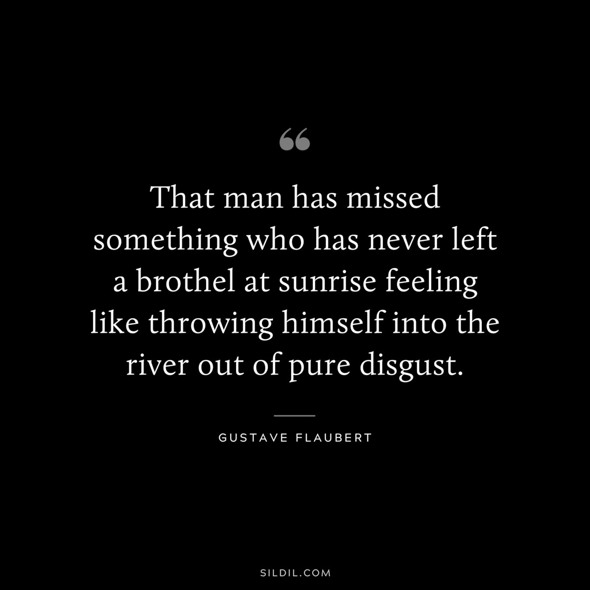 That man has missed something who has never left a brothel at sunrise feeling like throwing himself into the river out of pure disgust. ― Gustave Flaubert