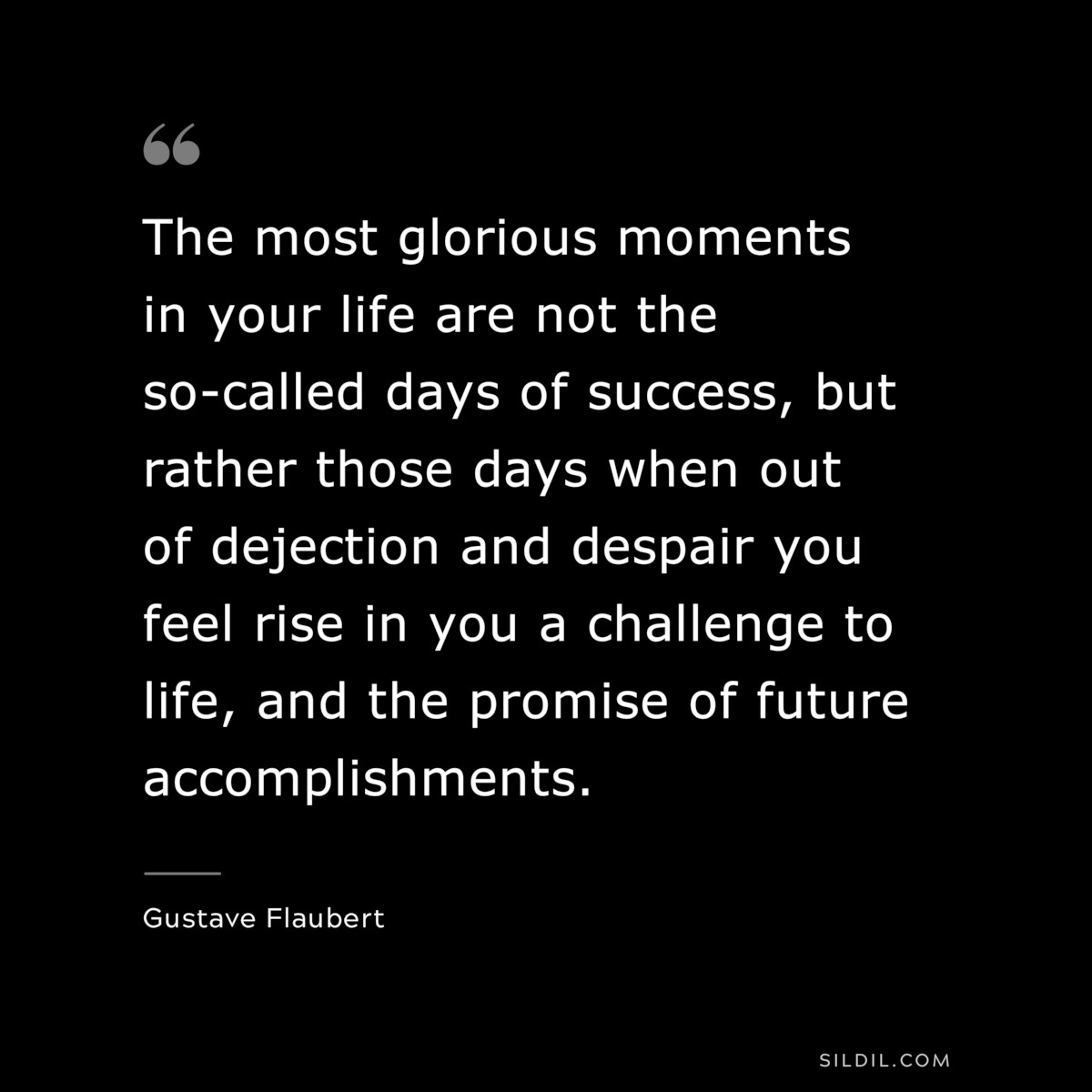 The most glorious moments in your life are not the so-called days of success, but rather those days when out of dejection and despair you feel rise in you a challenge to life, and the promise of future accomplishments. ― Gustave Flaubert