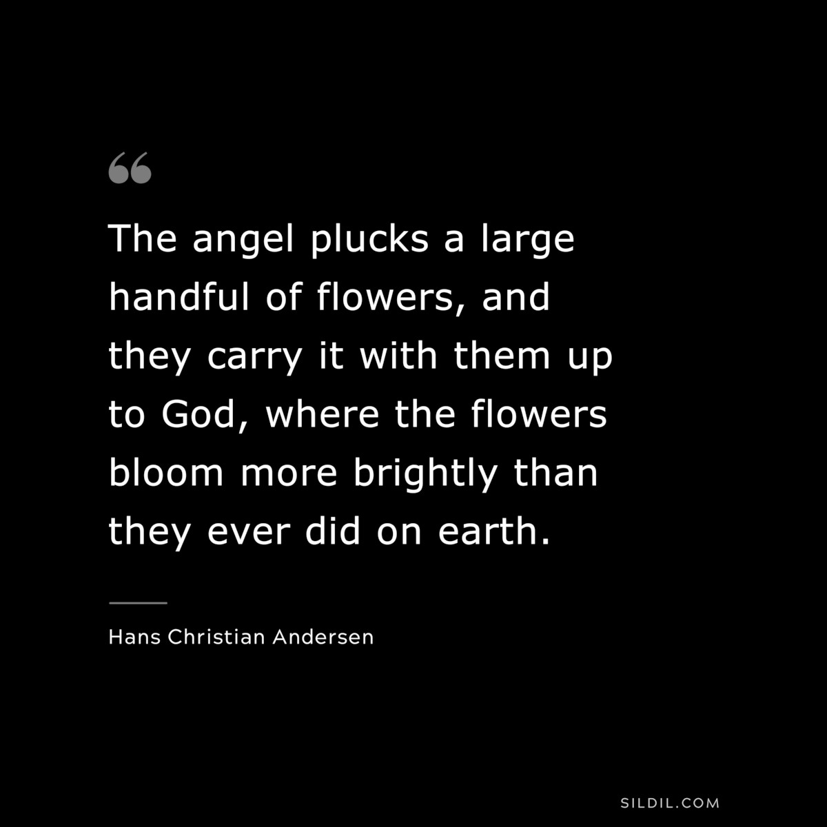 The angel plucks a large handful of flowers, and they carry it with them up to God, where the flowers bloom more brightly than they ever did on earth. ― Hans Christian Andersen
