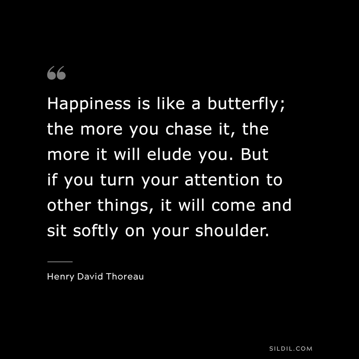 Happiness is like a butterfly; the more you chase it, the more it will elude you. But if you turn your attention to other things, it will come and sit softly on your shoulder. — Henry David Thoreau