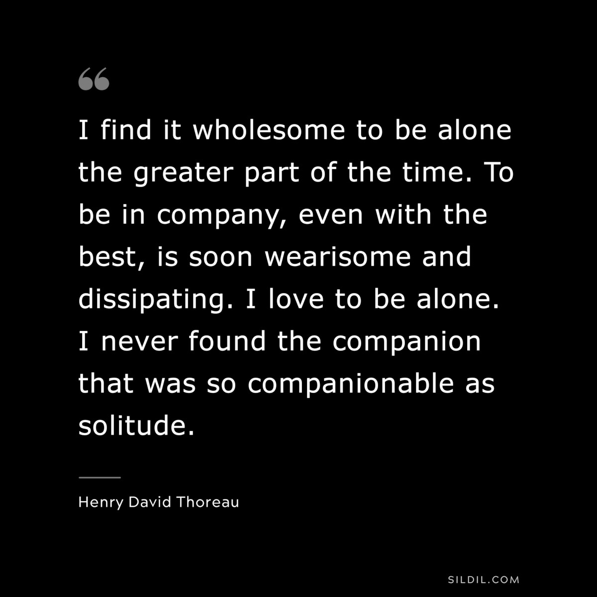 I find it wholesome to be alone the greater part of the time. To be in company, even with the best, is soon wearisome and dissipating. I love to be alone. I never found the companion that was so companionable as solitude. — Henry David Thoreau
