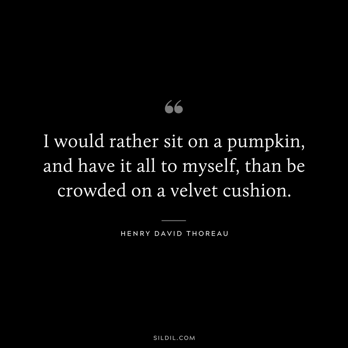 I would rather sit on a pumpkin, and have it all to myself, than be crowded on a velvet cushion. — Henry David Thoreau