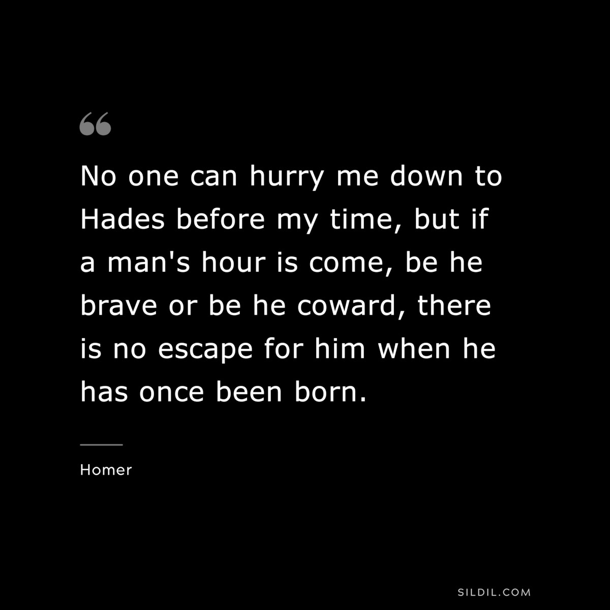 No one can hurry me down to Hades before my time, but if a man's hour is come, be he brave or be he coward, there is no escape for him when he has once been born. ― Homer