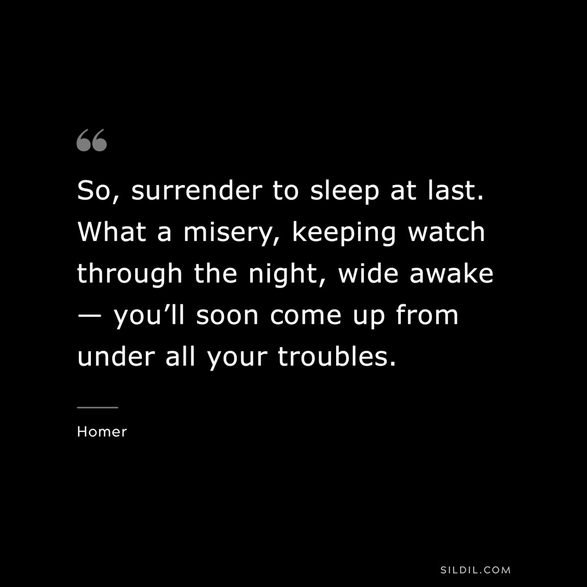 So, surrender to sleep at last. What a misery, keeping watch through the night, wide awake — you’ll soon come up from under all your troubles. ― Homer