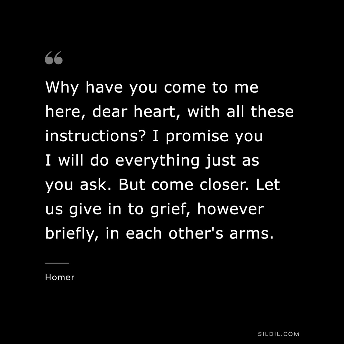 Why have you come to me here, dear heart, with all these instructions? I promise you I will do everything just as you ask. But come closer. Let us give in to grief, however briefly, in each other's arms. ― Homer