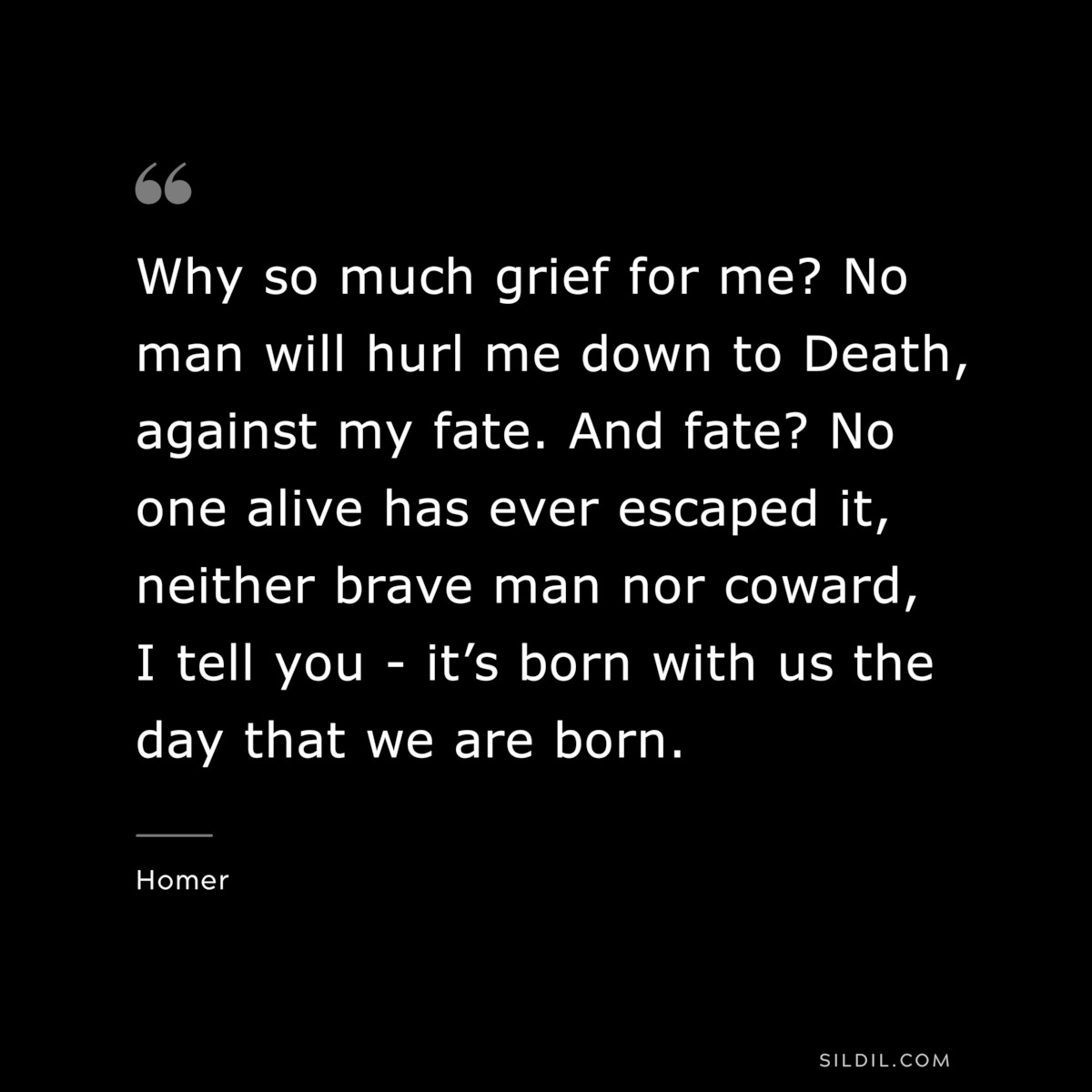 Why so much grief for me? No man will hurl me down to Death, against my fate. And fate? No one alive has ever escaped it, neither brave man nor coward, I tell you - it’s born with us the day that we are born. ― Homer