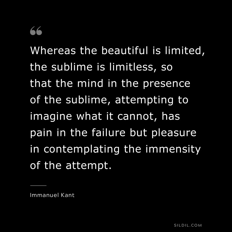 Whereas the beautiful is limited, the sublime is limitless, so that the mind in the presence of the sublime, attempting to imagine what it cannot, has pain in the failure but pleasure in contemplating the immensity of the attempt. — Immanuel Kant