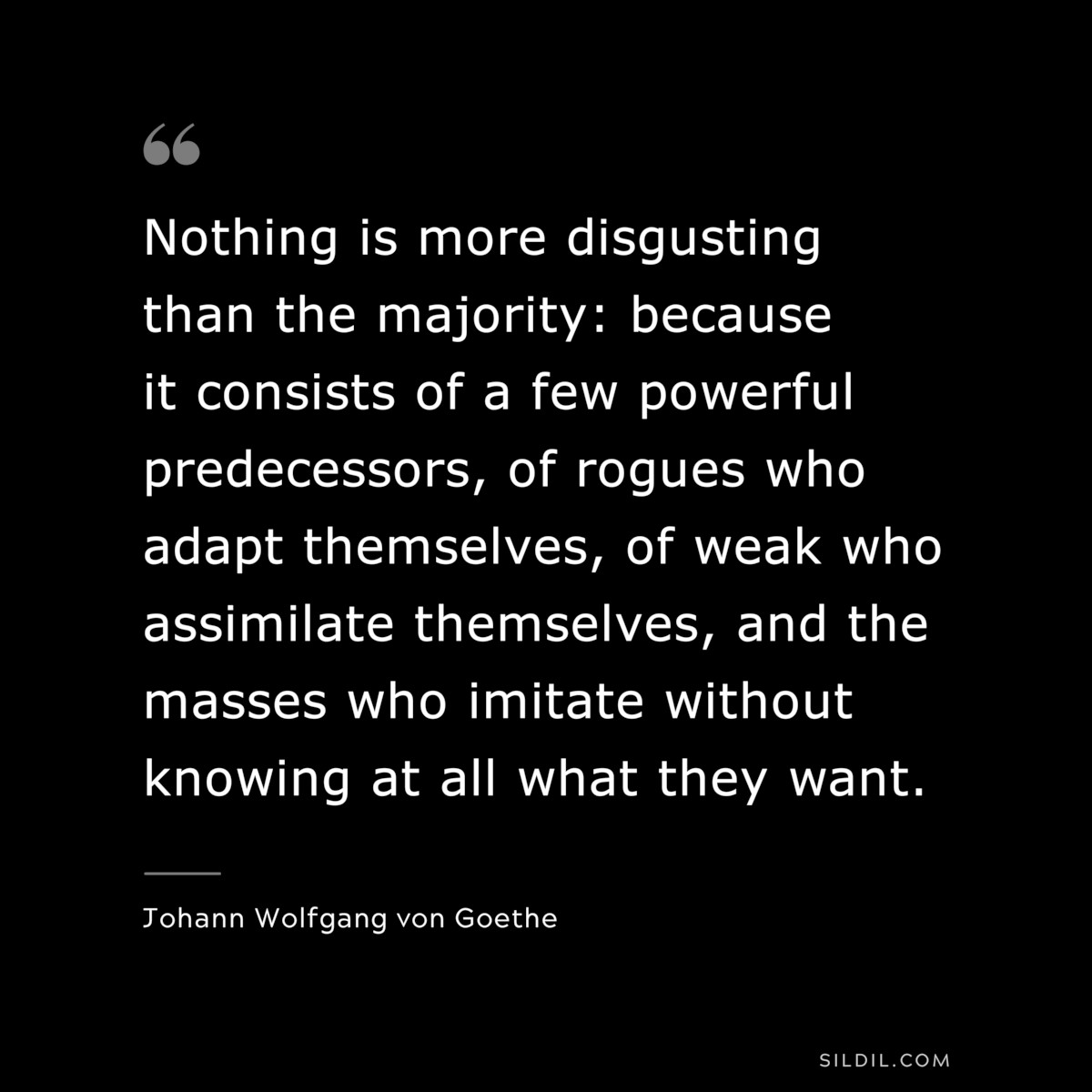 Nothing is more disgusting than the majority: because it consists of a few powerful predecessors, of rogues who adapt themselves, of weak who assimilate themselves, and the masses who imitate without knowing at all what they want.― Johann Wolfgang von Goethe