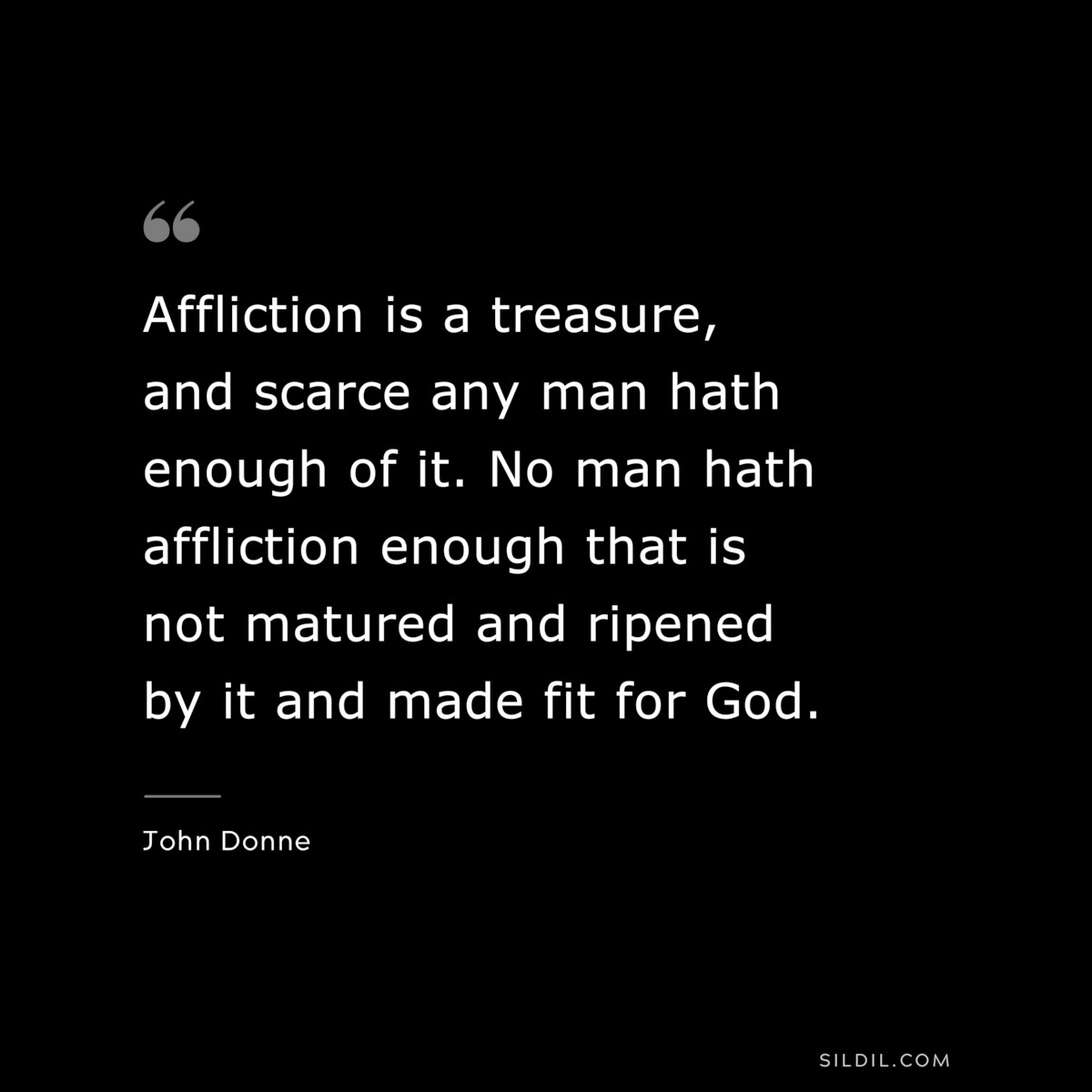 Affliction is a treasure, and scarce any man hath enough of it. No man hath affliction enough that is not matured and ripened by it and made fit for God. ― John Donne