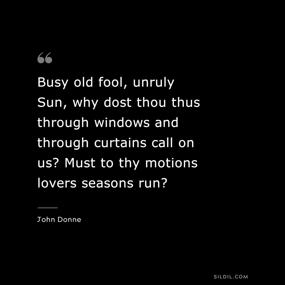 Busy old fool, unruly Sun, why dost thou thus through windows and through curtains call on us? Must to thy motions lovers seasons run? ― John Donne
