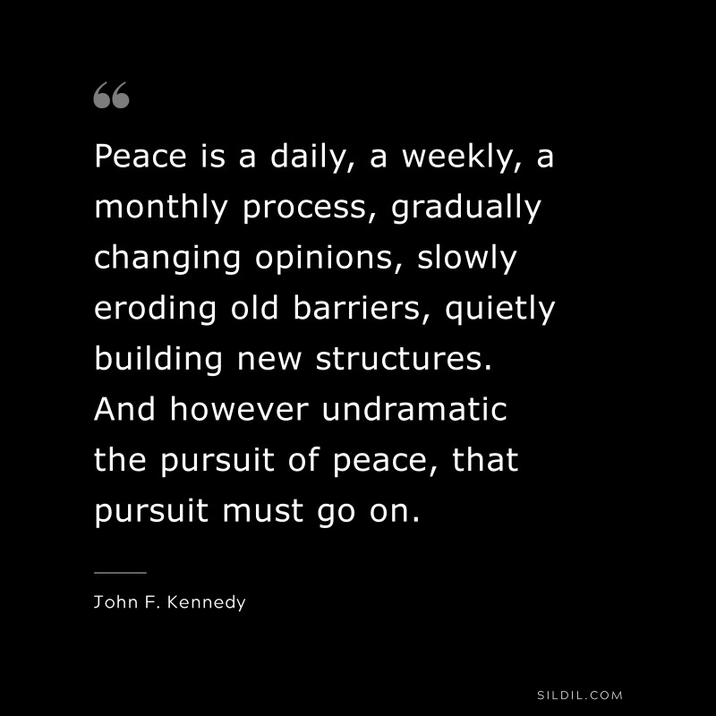 Peace is a daily, a weekly, a monthly process, gradually changing opinions, slowly eroding old barriers, quietly building new structures. And however undramatic the pursuit of peace, that pursuit must go on. ― John F. Kennedy