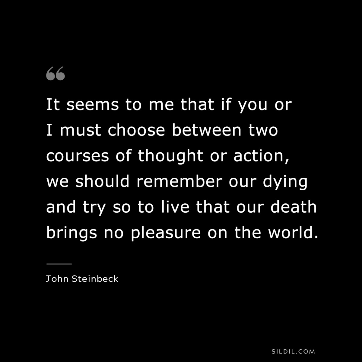 It seems to me that if you or I must choose between two courses of thought or action, we should remember our dying and try so to live that our death brings no pleasure on the world.― John Steinbeck
