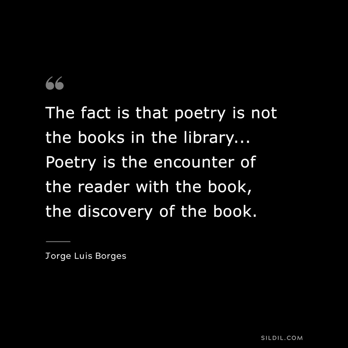 The fact is that poetry is not the books in the library... Poetry is the encounter of the reader with the book, the discovery of the book. ― Jorge Luis Borges