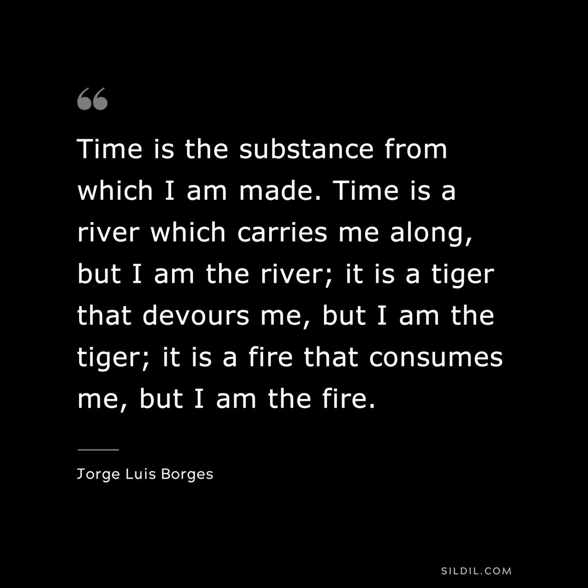 Time is the substance from which I am made. Time is a river which carries me along, but I am the river; it is a tiger that devours me, but I am the tiger; it is a fire that consumes me, but I am the fire. ― Jorge Luis Borges