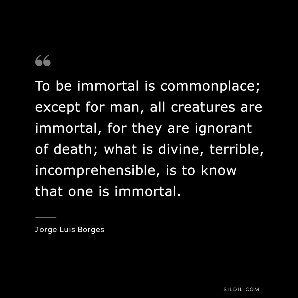 To be immortal is commonplace; except for man, all creatures are immortal, for they are ignorant of death; what is divine, terrible, incomprehensible, is to know that one is immortal. ― Jorge Luis Borges