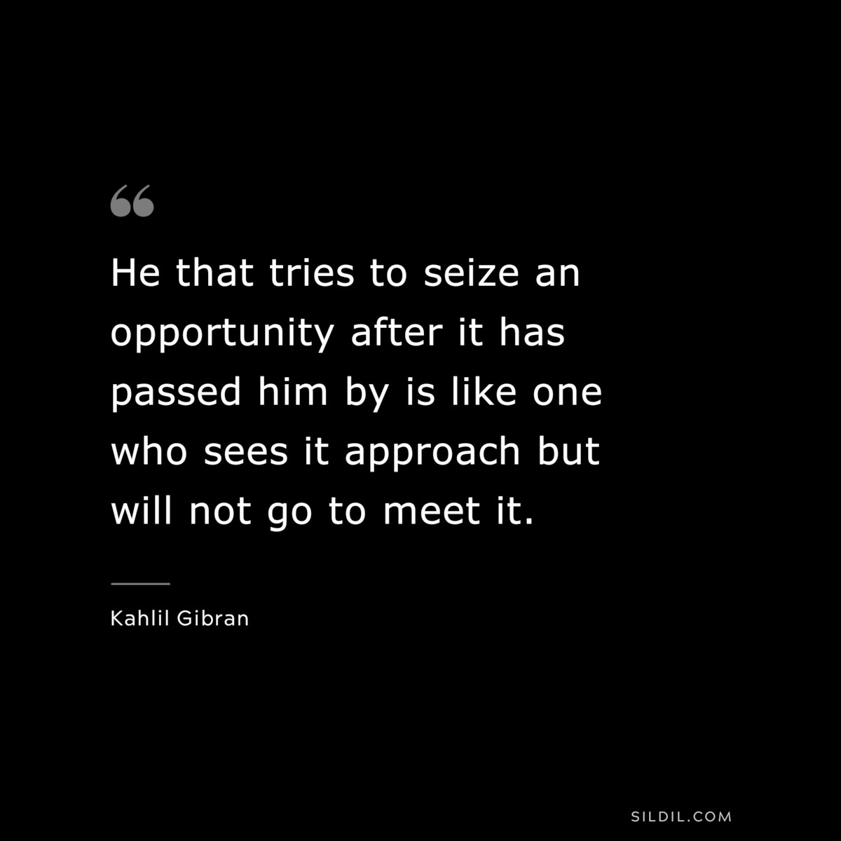 He that tries to seize an opportunity after it has passed him by is like one who sees it approach but will not go to meet it. ― Kahlil Gibran