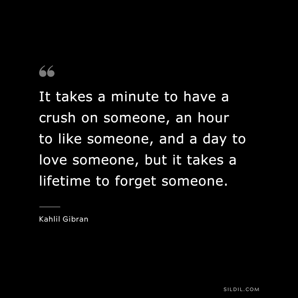 It takes a minute to have a crush on someone, an hour to like someone, and a day to love someone, but it takes a lifetime to forget someone. ― Kahlil Gibran