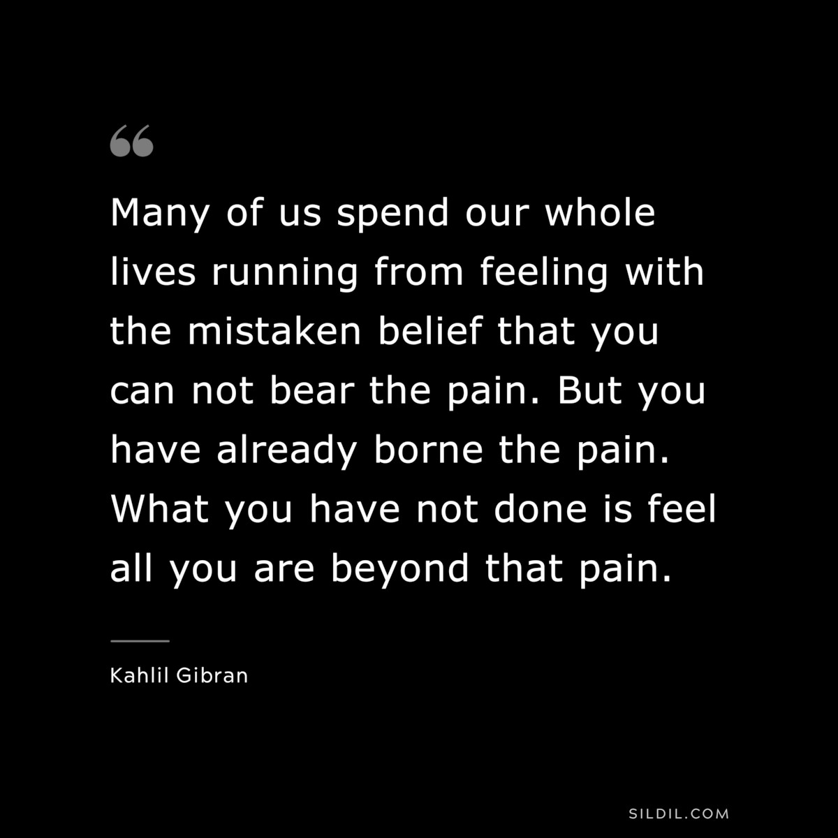 Many of us spend our whole lives running from feeling with the mistaken belief that you can not bear the pain. But you have already borne the pain. What you have not done is feel all you are beyond that pain. ― Kahlil Gibran