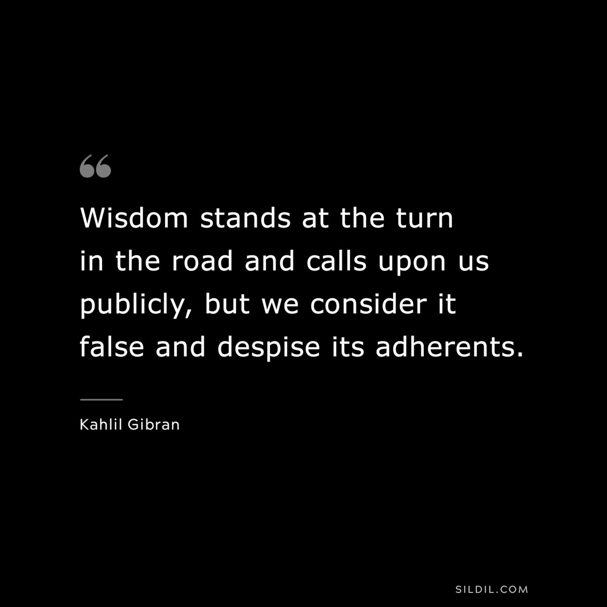 Wisdom stands at the turn in the road and calls upon us publicly, but we consider it false and despise its adherents. ― Kahlil Gibran