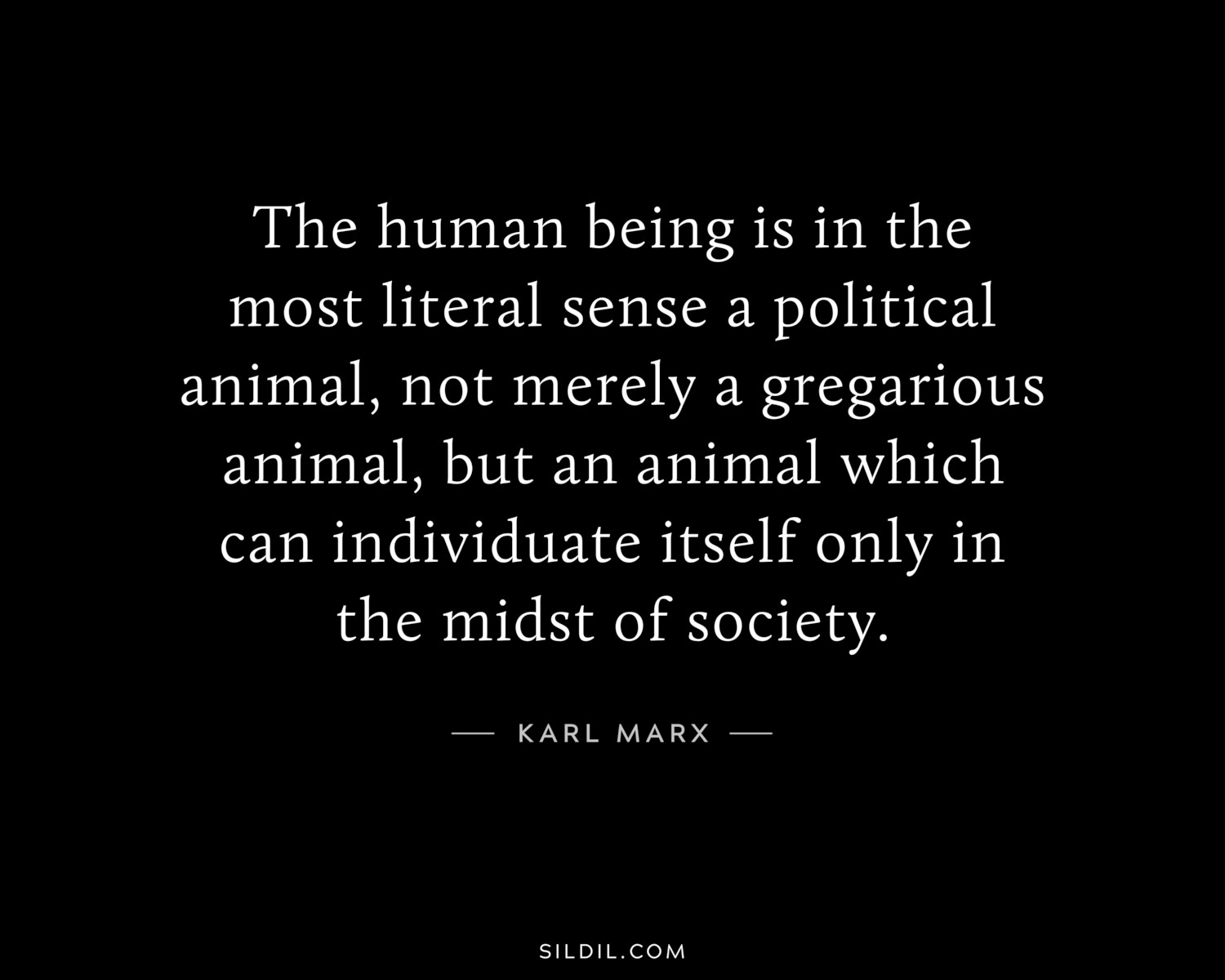 The human being is in the most literal sense a political animal, not merely a gregarious animal, but an animal which can individuate itself only in the midst of society.