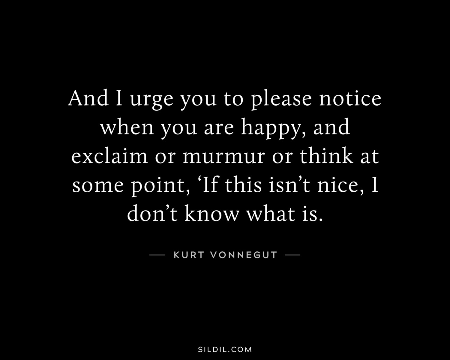 And I urge you to please notice when you are happy, and exclaim or murmur or think at some point, ‘If this isn’t nice, I don’t know what is.