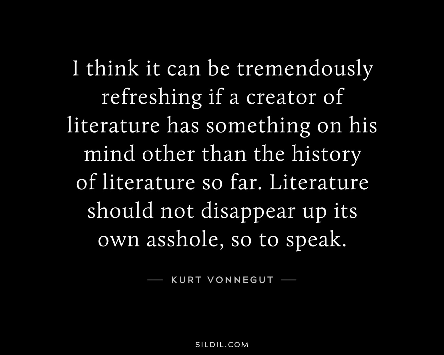 I think it can be tremendously refreshing if a creator of literature has something on his mind other than the history of literature so far. Literature should not disappear up its own asshole, so to speak.