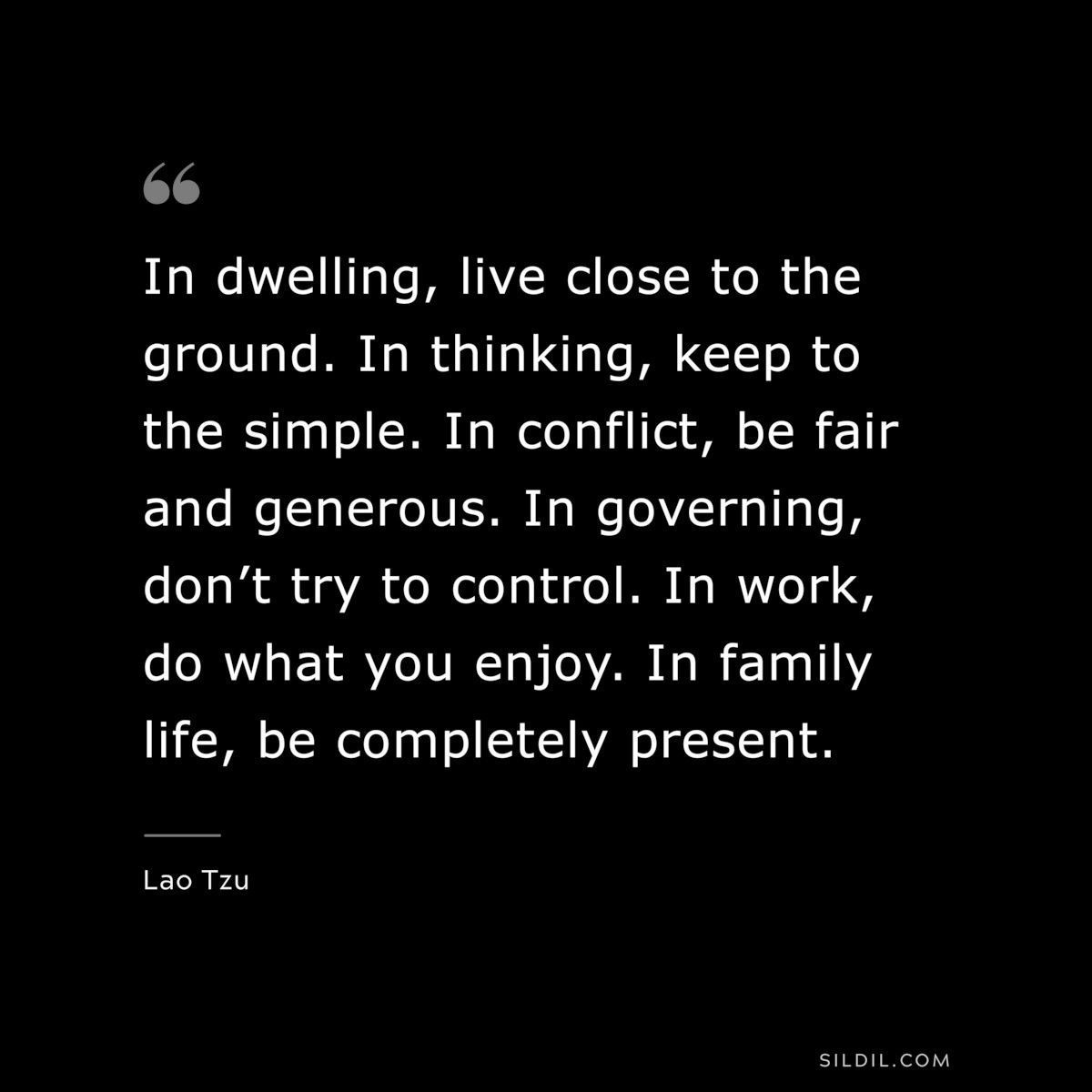 In dwelling, live close to the ground. In thinking, keep to the simple. In conflict, be fair and generous. In governing, don’t try to control. In work, do what you enjoy. In family life, be completely present. ― Lao Tzu