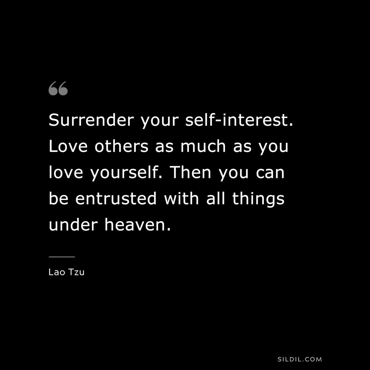 Surrender your self-interest. Love others as much as you love yourself. Then you can be entrusted with all things under heaven. ― Lao Tzu