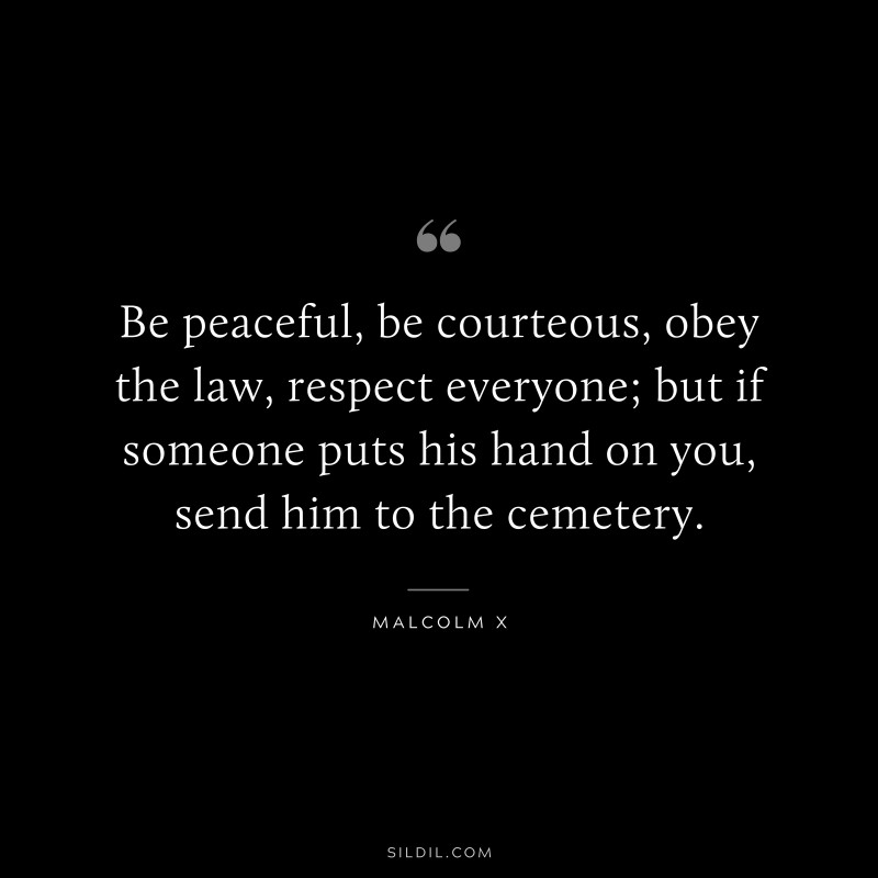 Be peaceful, be courteous, obey the law, respect everyone; but if someone puts his hand on you, send him to the cemetery. ― Malcolm X