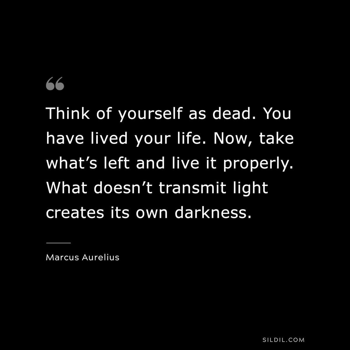 Think of yourself as dead. You have lived your life. Now, take what’s left and live it properly. What doesn’t transmit light creates its own darkness. ― Marcus Aurelius