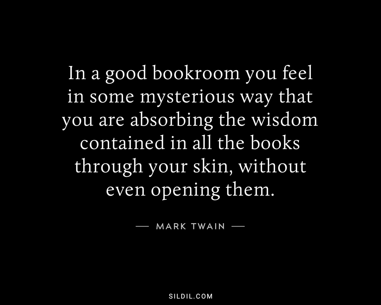 In a good bookroom you feel in some mysterious way that you are absorbing the wisdom contained in all the books through your skin, without even opening them.
