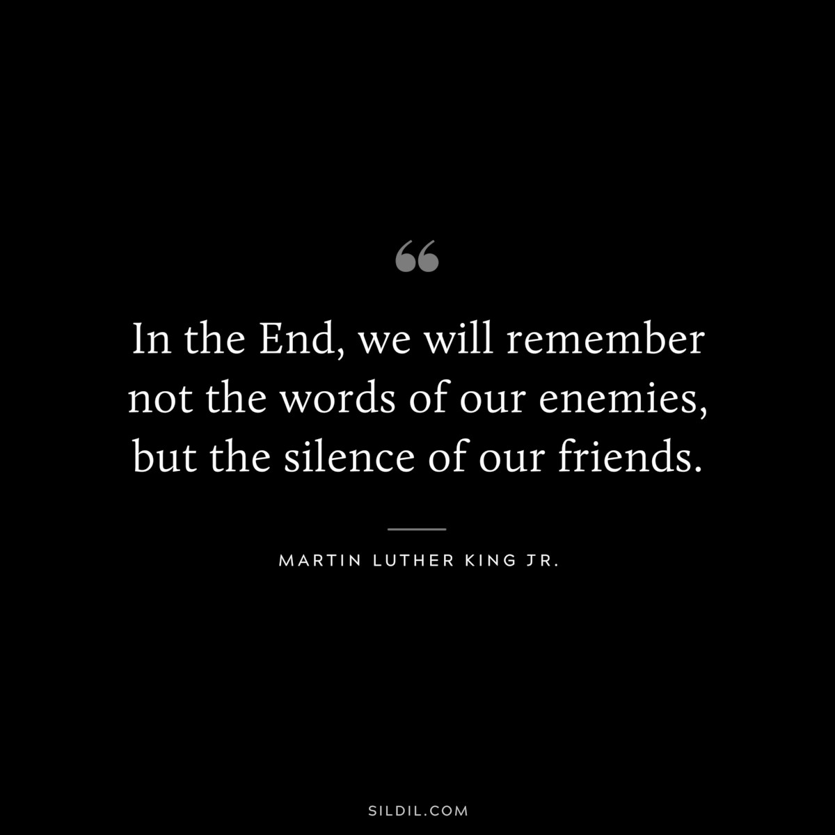 In the End, we will remember not the words of our enemies, but the silence of our friends. ― Martin Luther King Jr.